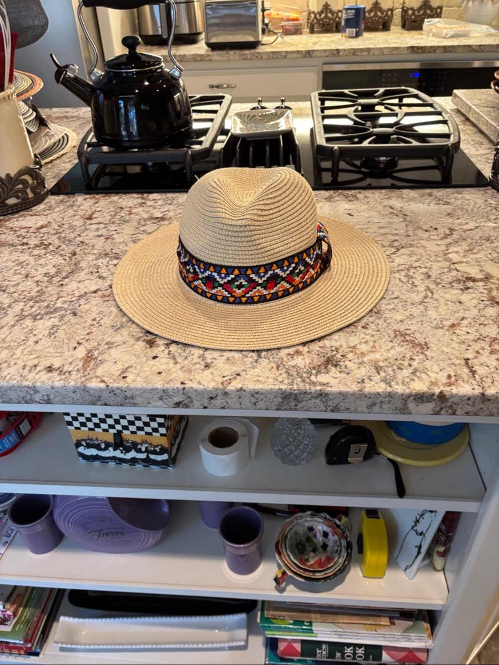 Source Unknown Beige Straw Fedora with Multicolor Tribal Band
